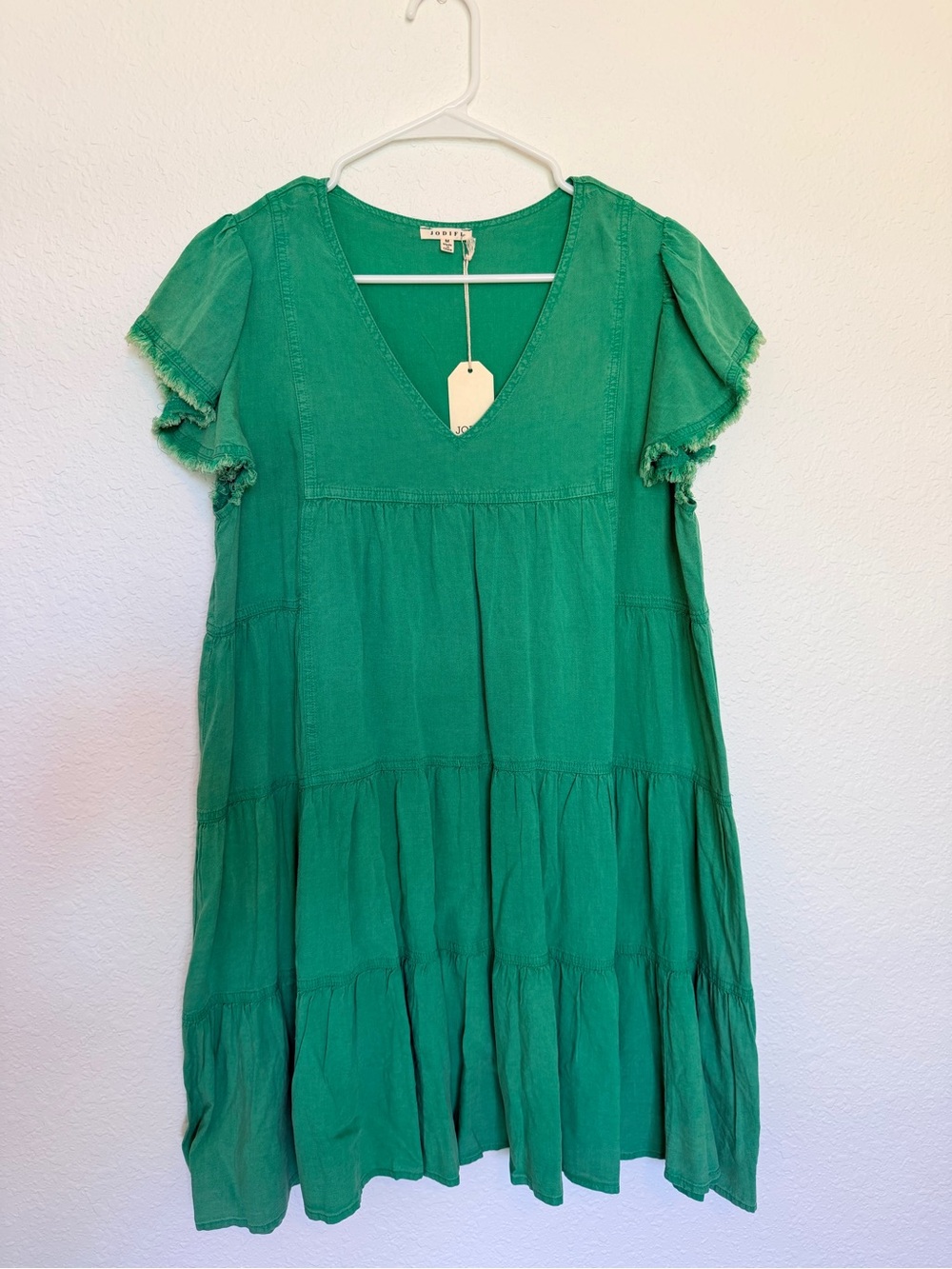 JODIFL Green V-Neck Linen Blend Tiered Babydoll Dress NWT